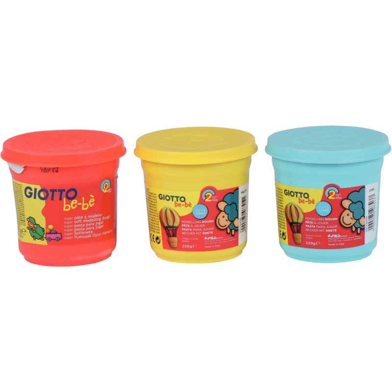 Set de 3 pots de 220G de pâte à jouer GIOTTO bébé couleurs assorties : jaune, bleu et rouge à base d’ingrédients naturels
