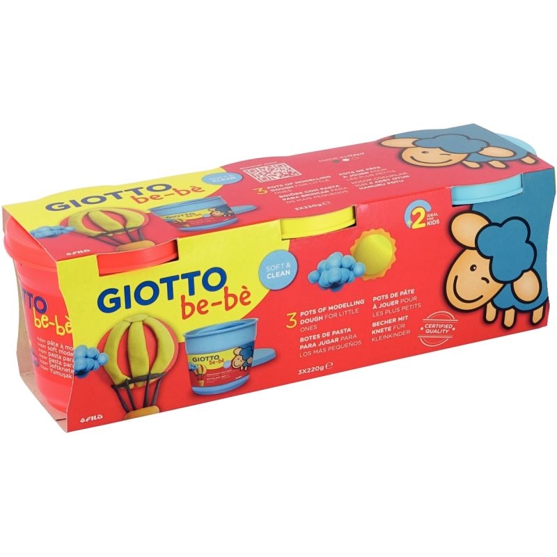 Set de 3 pots de 220G de pâte à jouer GIOTTO bébé couleurs assorties : jaune, bleu et rouge à base d’ingrédients naturels