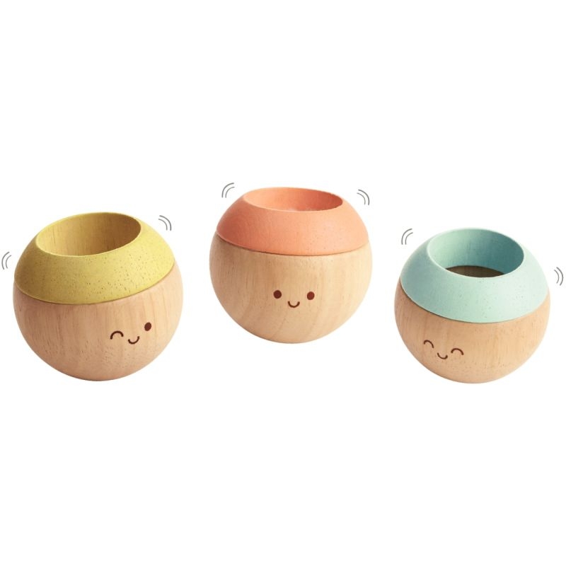 Lot de 3 hochets têtes sensorielles en bois pastel PLAN TOYS