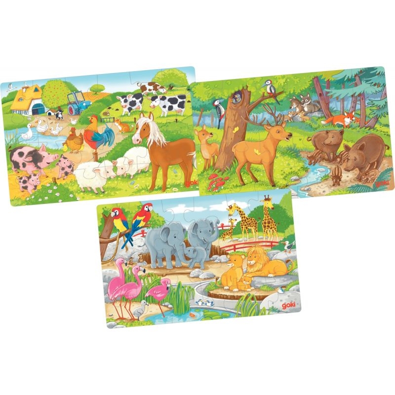 Lot de 3 puzzles en bois 24 pièces, les animaux