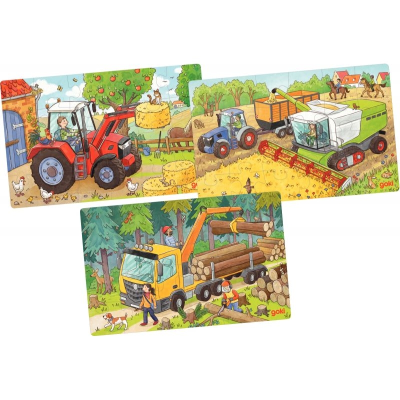 Lot de 3 puzzles en bois 24 pièces, les engins agricoles