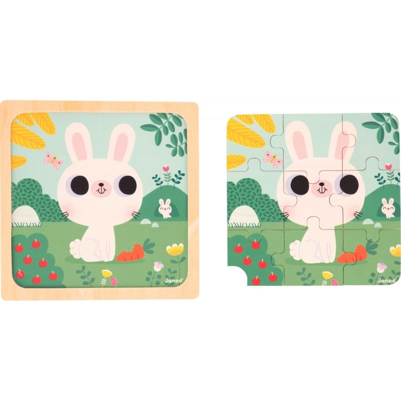 Boite de 3 puzzles à cadre en bois 9 pièces, joyeux animaux