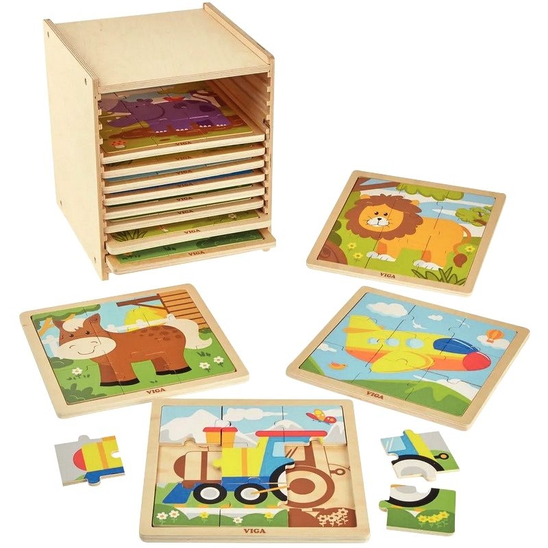 Boite de rangement + 12 puzzles en bois de 9 pièces