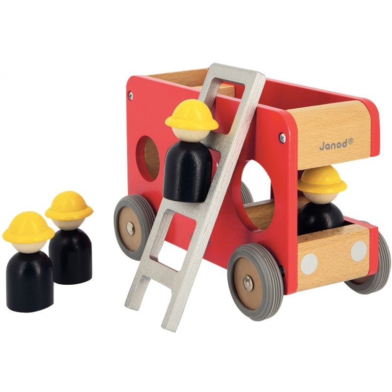 Camion de pompiers en bois avec 4 pompiers