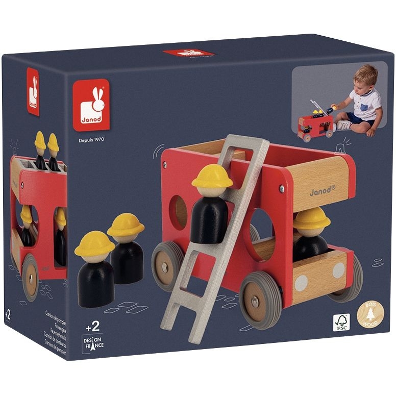 Camion de pompiers en bois avec 4 pompiers