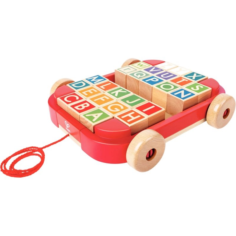 Chariot en bois à tirer avec 26 cubes