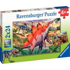 Lot de 2 puzzles en carton 24 pièces, mammouths et dinosaures
