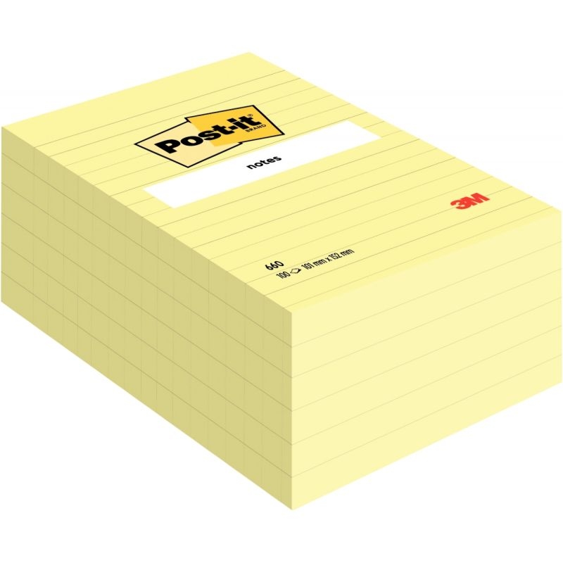 Lot de 6 Blocs de 100 feuilles post it notes repositionnables 102 x 152 mm ligné coloris jaune