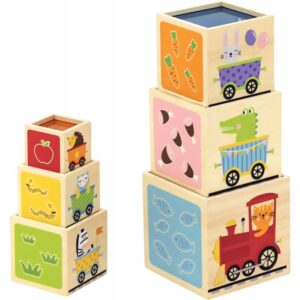 Lot de 6 cubes en bois, formes et couleurs