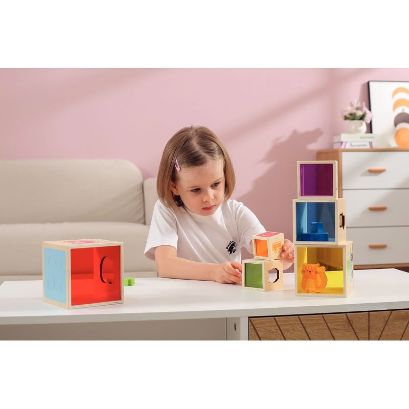 Lot de 6 cubes en bois, formes et couleurs