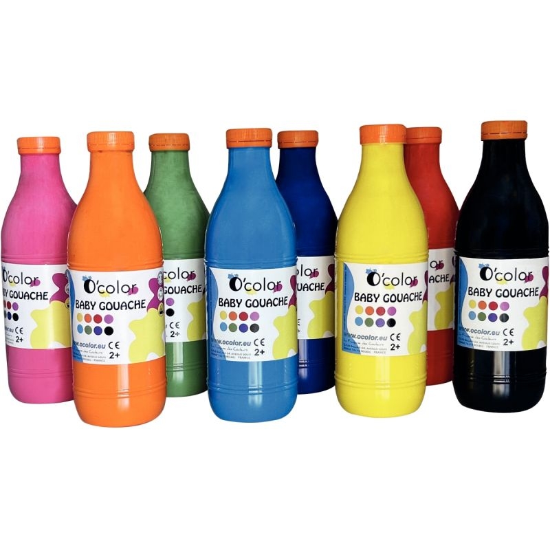 Lot de 8 flacons 1 litre gouache baby assortis