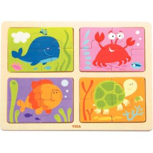 Planche de 4 puzzles 4 pièces en bois, animaux marins