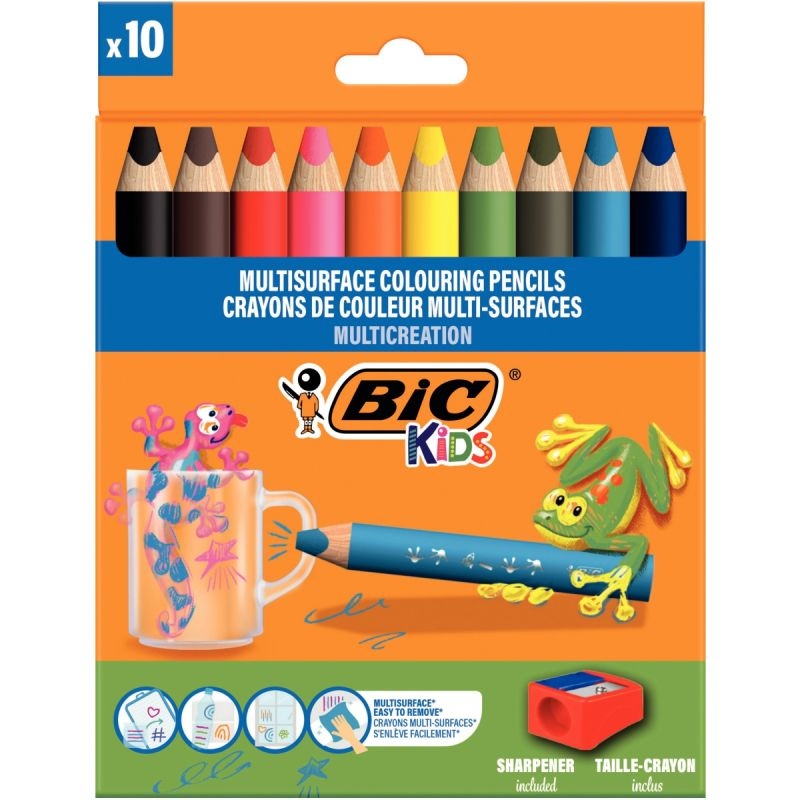 Étui de 10 crayons multi surface assortis + 1 taille-crayon