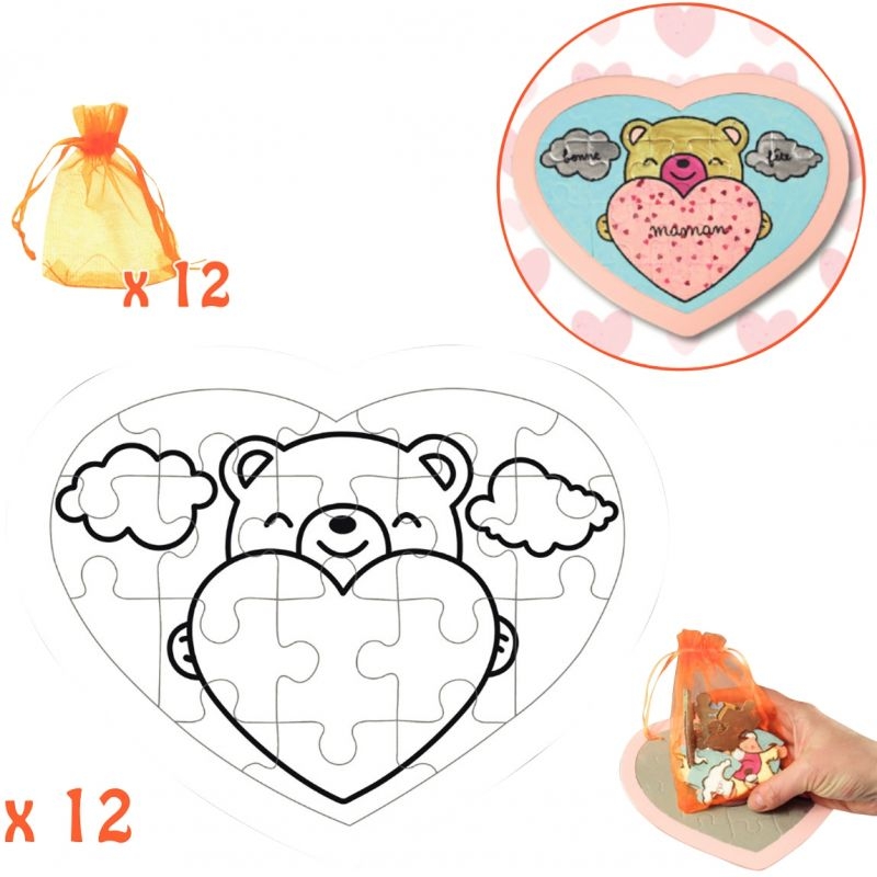 Lot de 12 puzzles en forme de cœur, 18 pièces en carton blanc