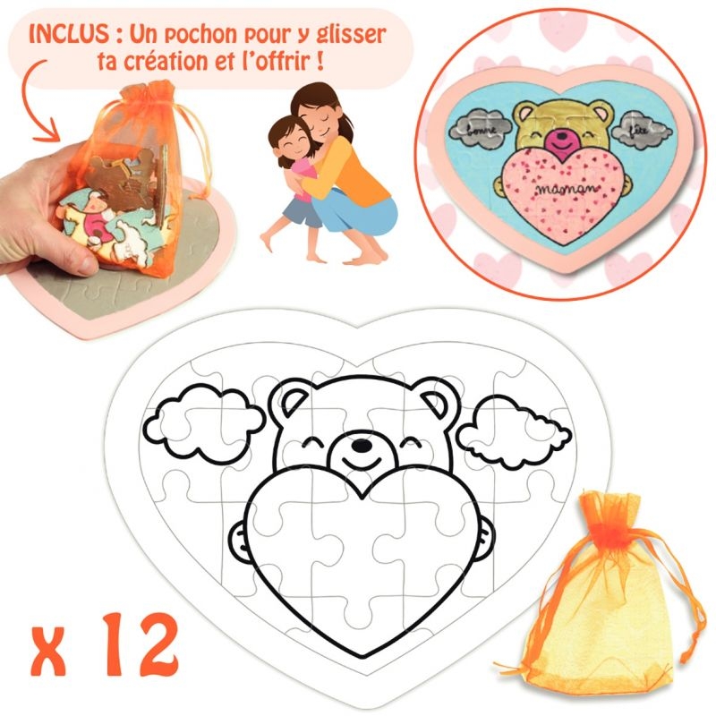 Lot de 12 puzzles en forme de cœur, 18 pièces en carton blanc