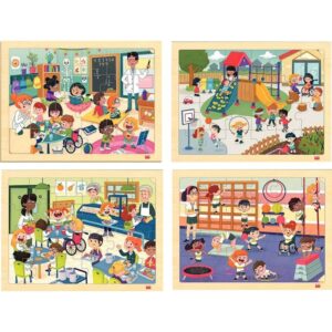 Lot de 4 puzzles à cadre en bois 24 pièces, l’école inclusive
