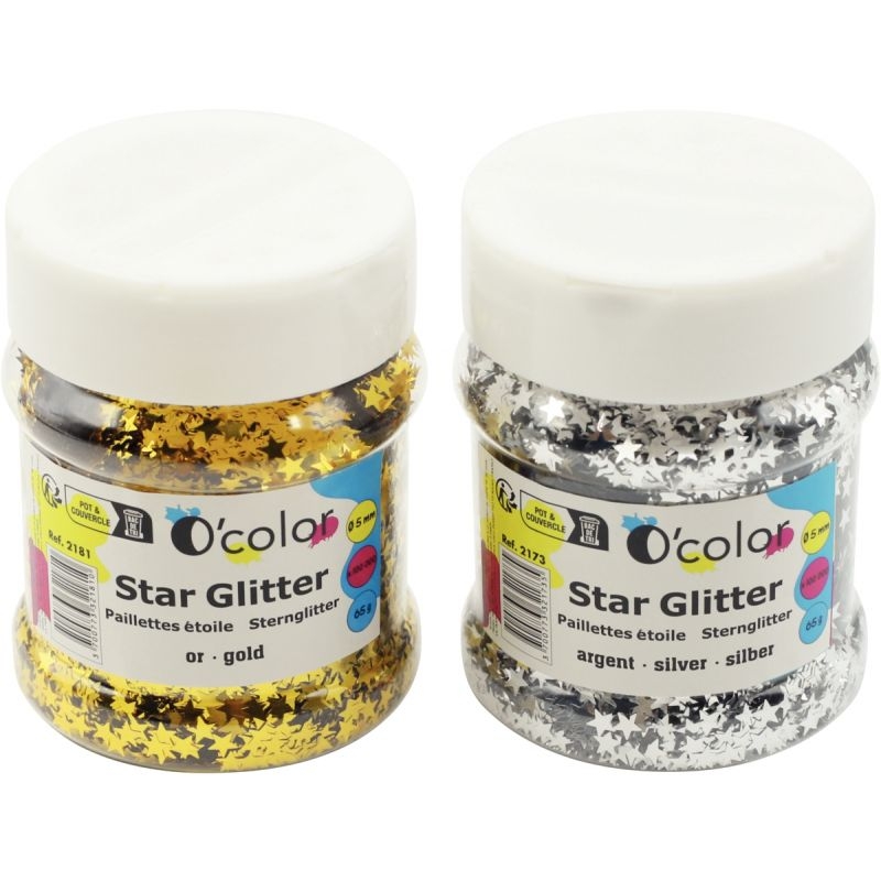 Pot de 65 grammes de paillettes étoiles coloris argent