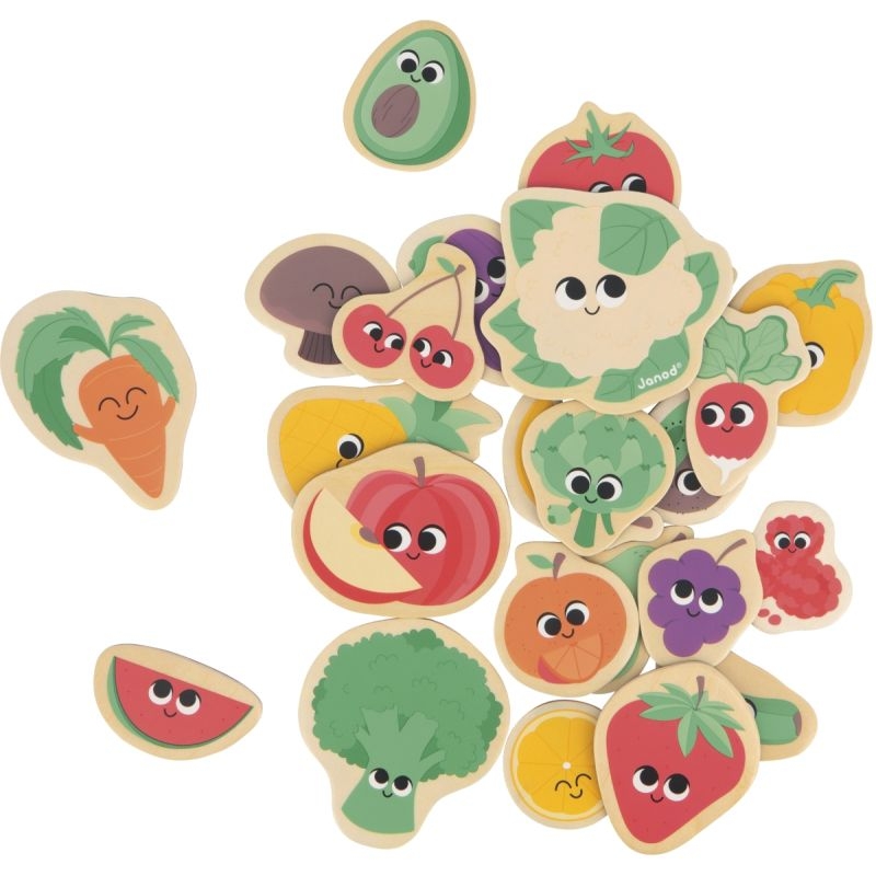 Boite de 24 magnets en bois, fruits et légumes