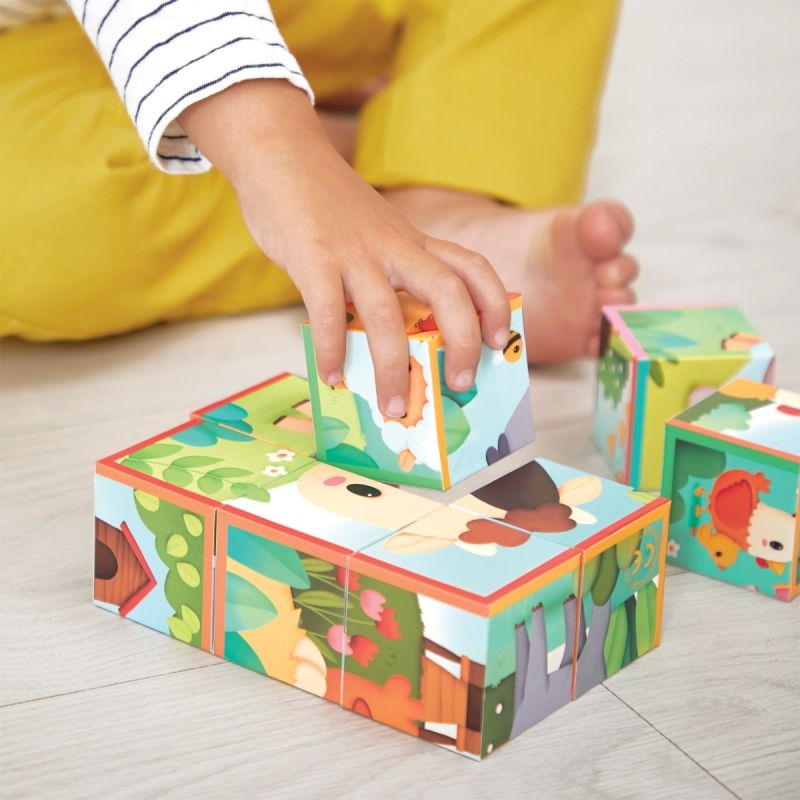 Boite de 9 cubes puzzles en carton, animaux de la ferme