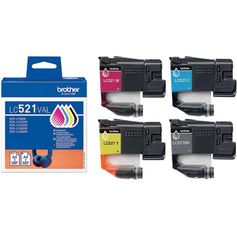 Brother CASQUE lot de 4 cartouches d’encre noir, cyan, magenta, jaune authentique LC521VAL