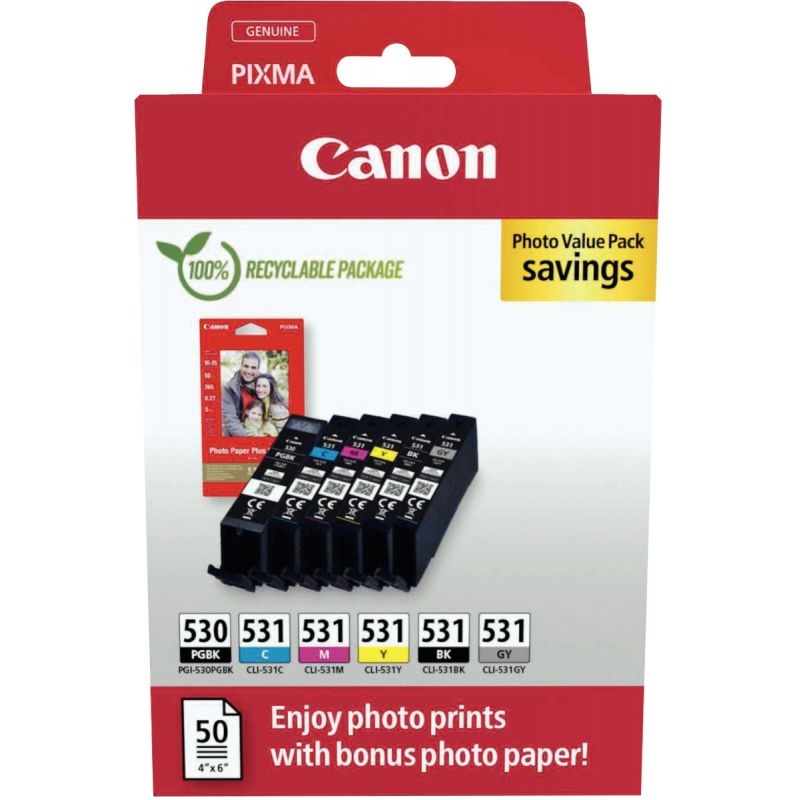 Canon 530/531 lot 6 cartouches encre noir photo, noir, cyan, magenta, jaune et grise authentique