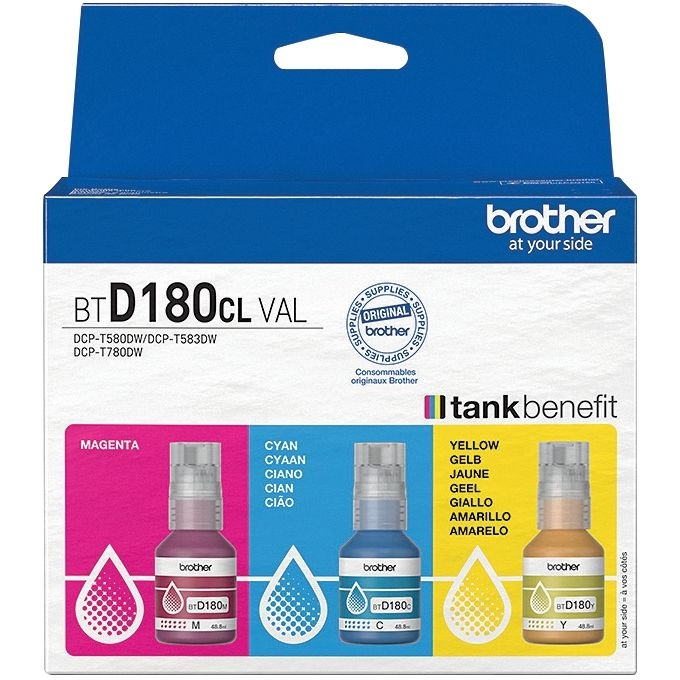 Lot 3 Brother BTD180 bouteille jet d’encre cyan magenta jaune authentique (BTD180J)