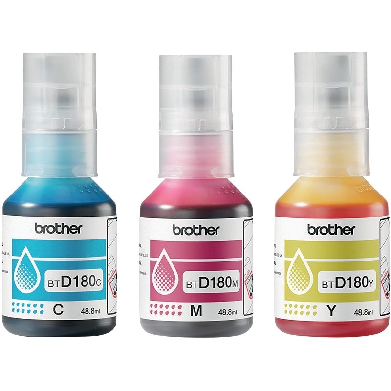 Lot 3 Brother BTD180 bouteille jet d’encre cyan magenta jaune authentique (BTD180J)